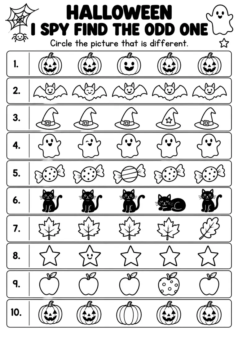Halloween I Spy Find the Odd One for Pre-K, Kindergarten, 1st Grade