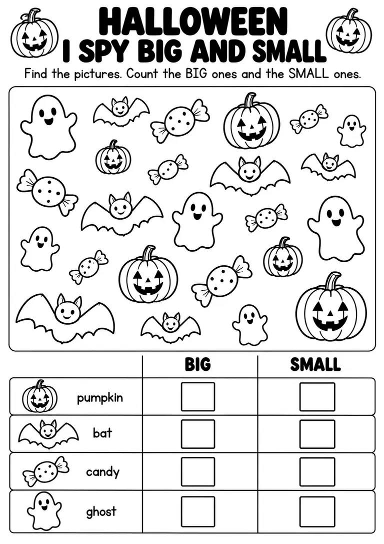 Halloween I Spy Big and Small for Pre-K, Kindergarten, 1st Grade