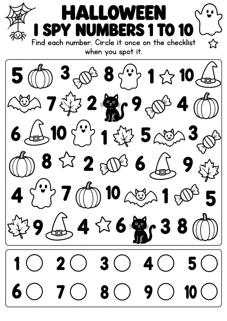 Halloween I Spy Numbers 1 to 10 for Pre-K, Kindergarten, 1st Grade