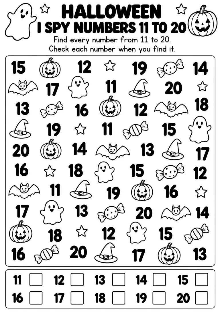 Halloween I Spy Numbers 11 to 20 for Pre-K, Kindergarten, 1st Grade