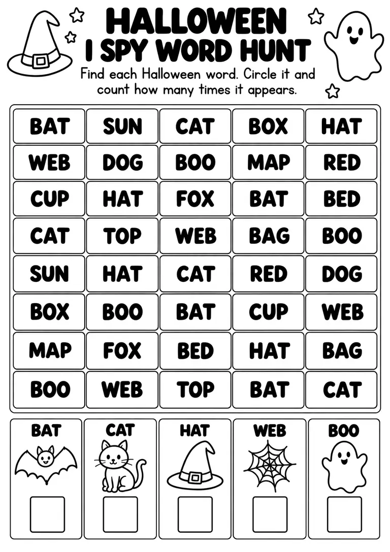 Halloween I Spy Word Hunt for Pre-K, Kindergarten, 1st Grade