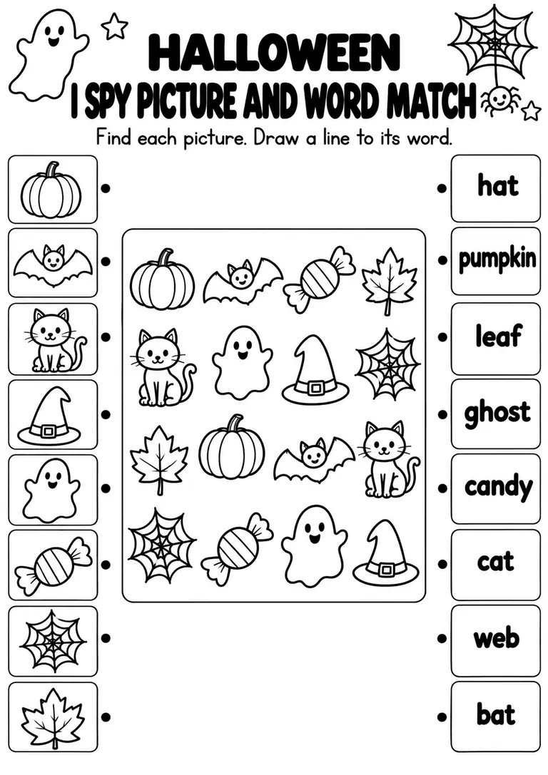 Halloween I Spy Picture and Word Match for Pre-K, Kindergarten, 1st Grade