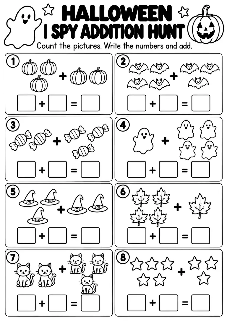 Halloween I Spy Addition Hunt for Pre-K, Kindergarten, 1st Grade