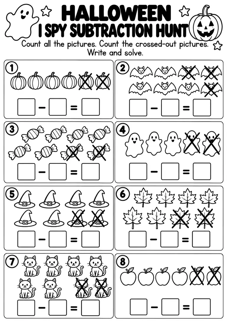 Halloween I Spy Subtraction Hunt for Pre-K, Kindergarten, 1st Grade