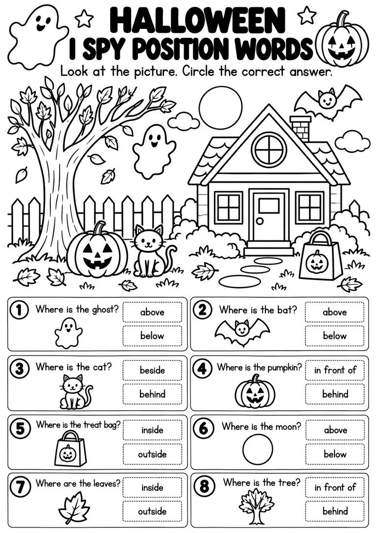 Halloween I Spy Position Words for Pre-K, Kindergarten, 1st Grade