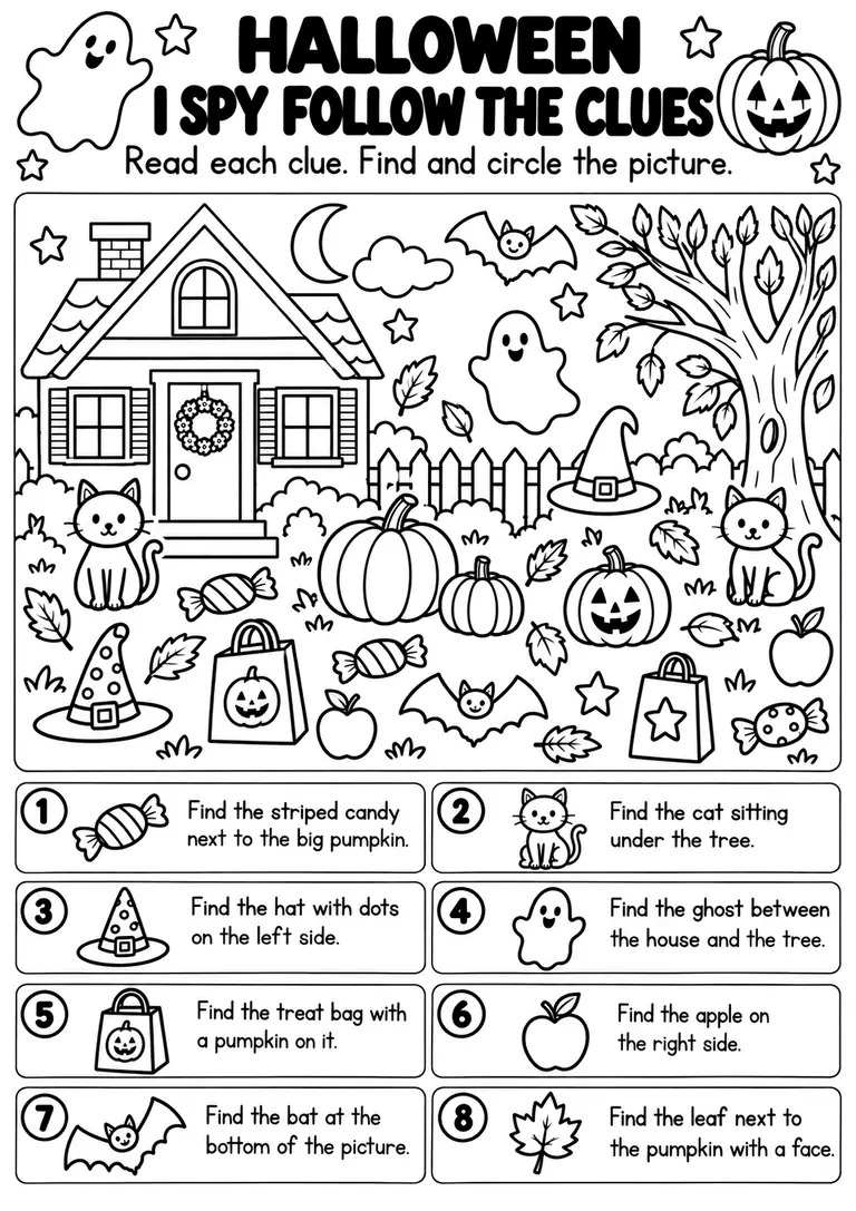Halloween I Spy Follow the Clues for Pre-K, Kindergarten, 1st Grade