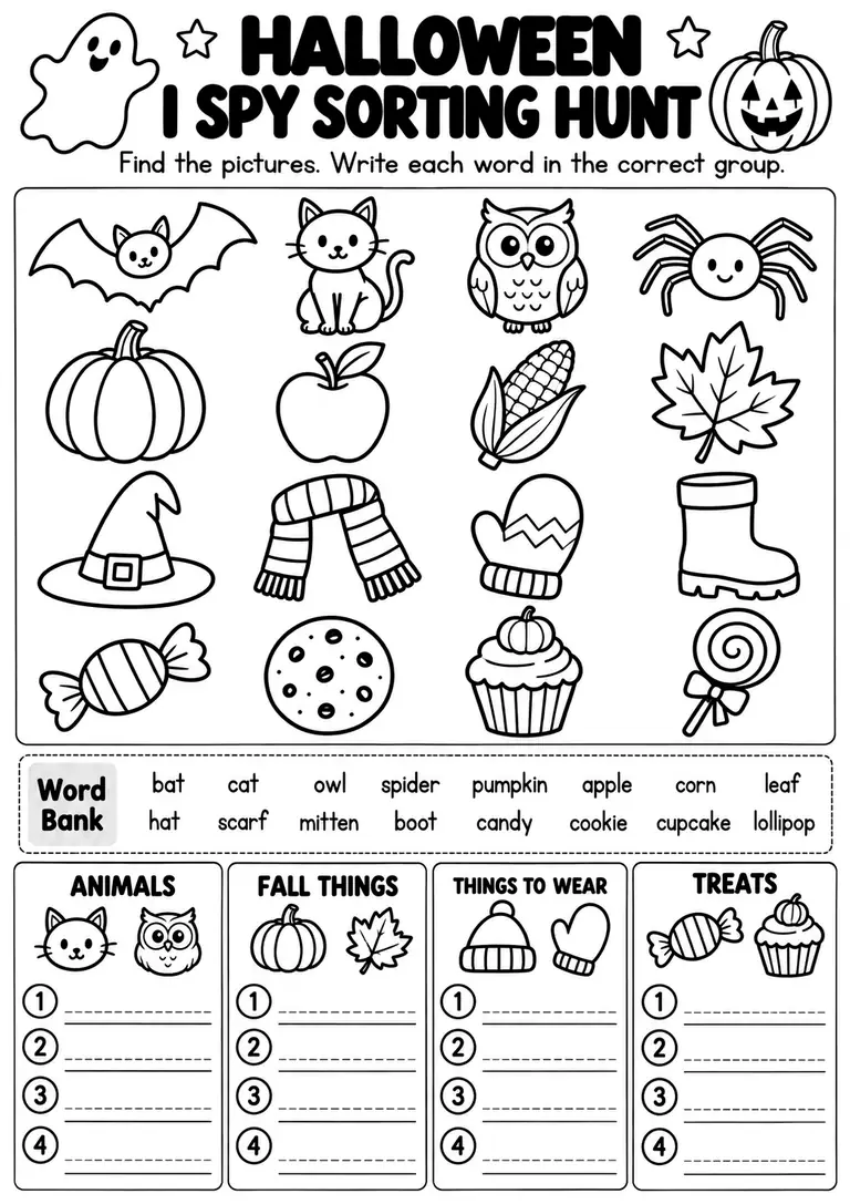 Halloween I Spy Sorting Hunt for Pre-K, Kindergarten, 1st Grade