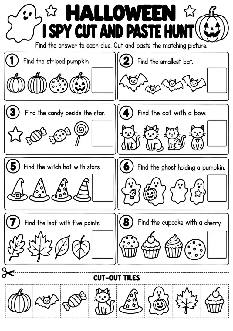 Halloween I Spy Cut and Paste Hunt for Pre-K, Kindergarten, 1st Grade