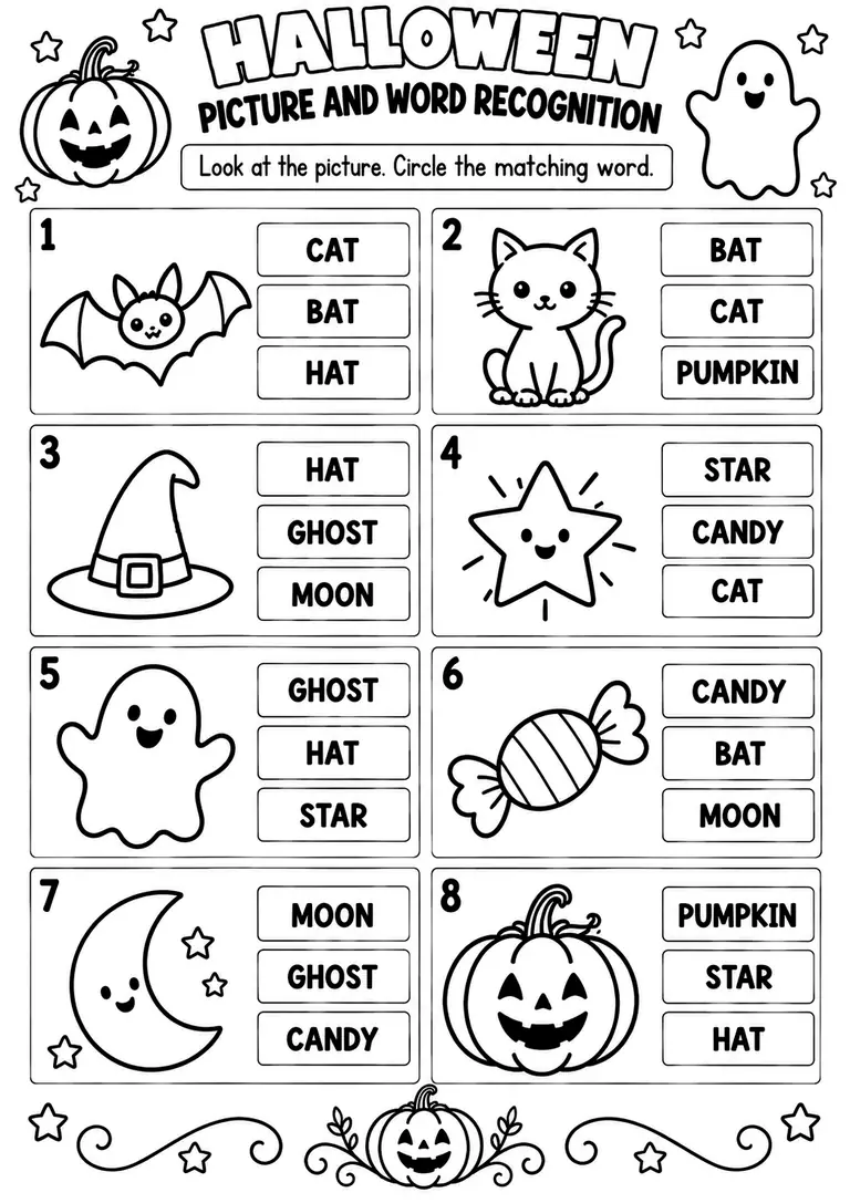 HALLOWEEN PICTURE AND WORD RECOGNITION for Pre-K, Kindergarten, 1st Grade