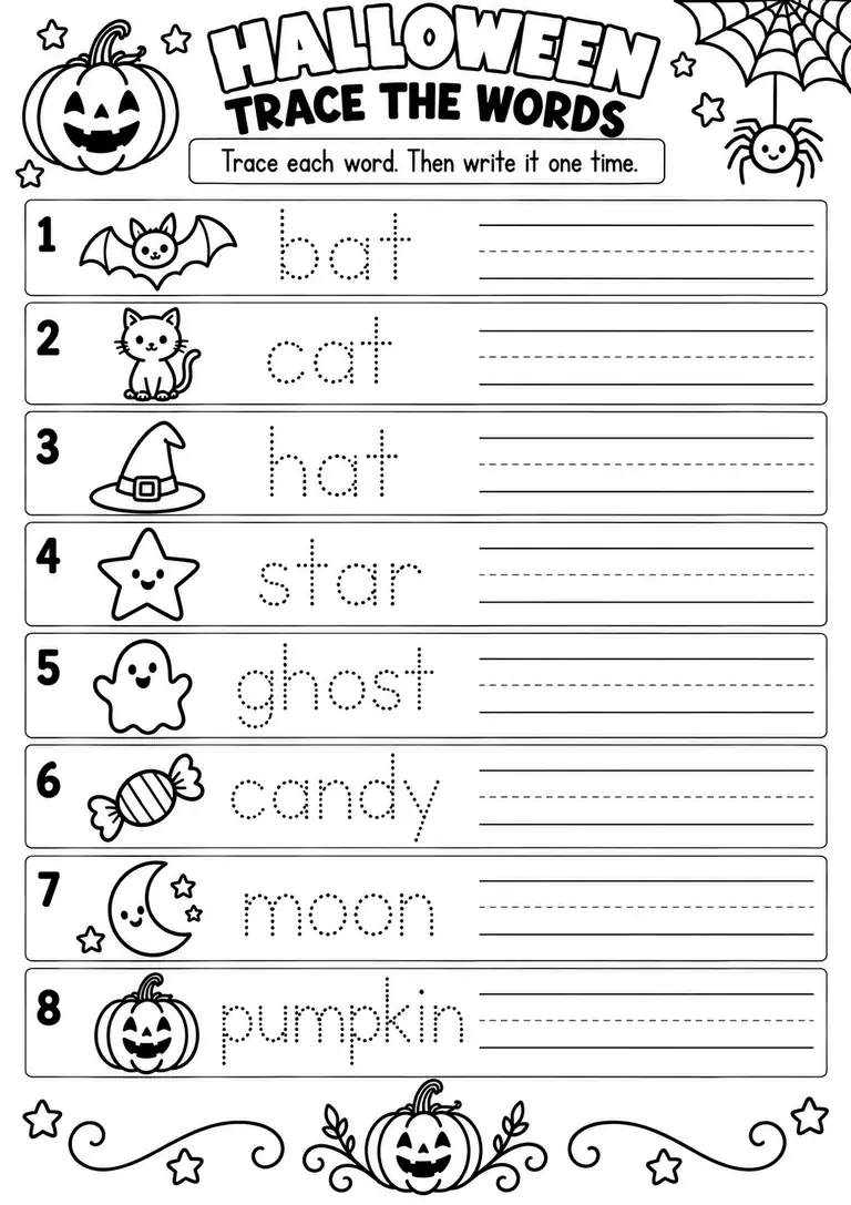 HALLOWEEN TRACE THE WORDS for Pre-K, Kindergarten, 1st Grade