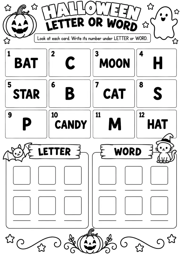 HALLOWEEN LETTER OR WORD for Pre-K, Kindergarten, 1st Grade