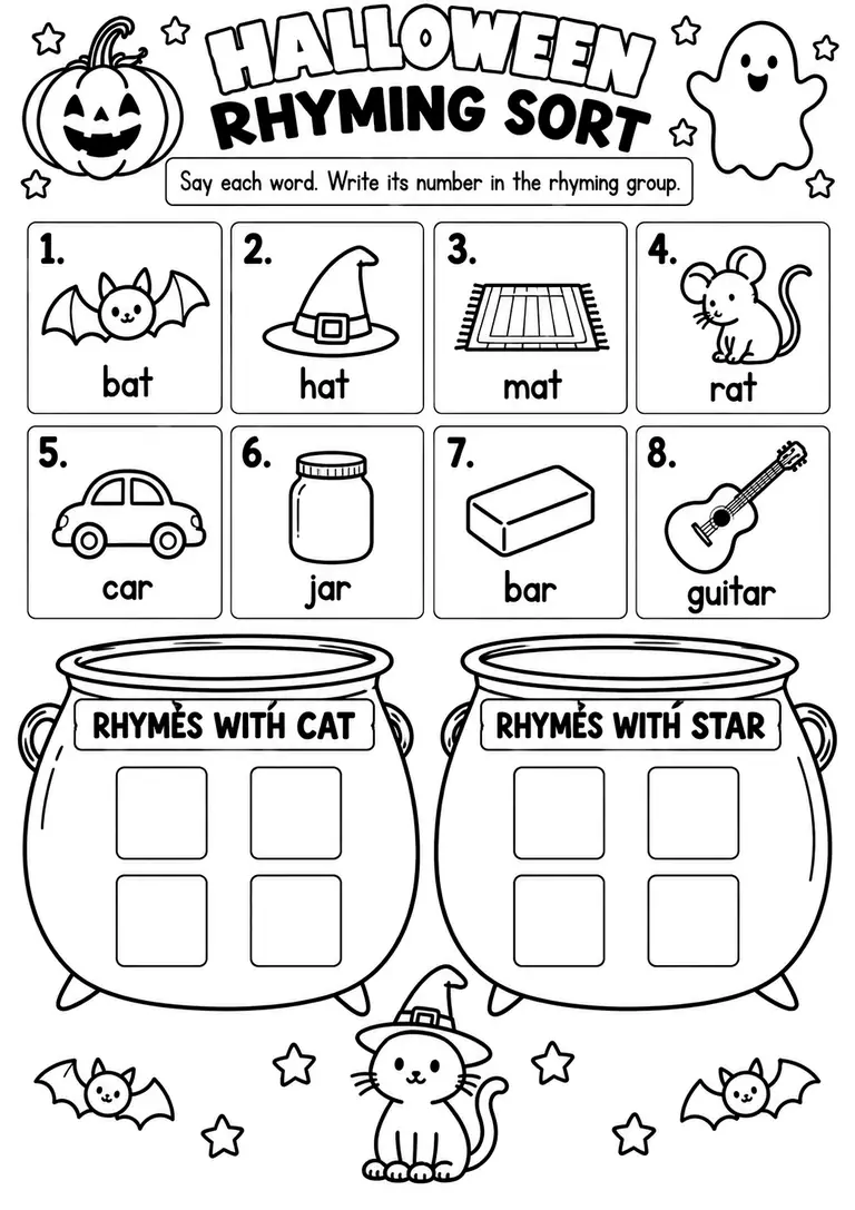 HALLOWEEN RHYMING SORT for Pre-K, Kindergarten, 1st Grade