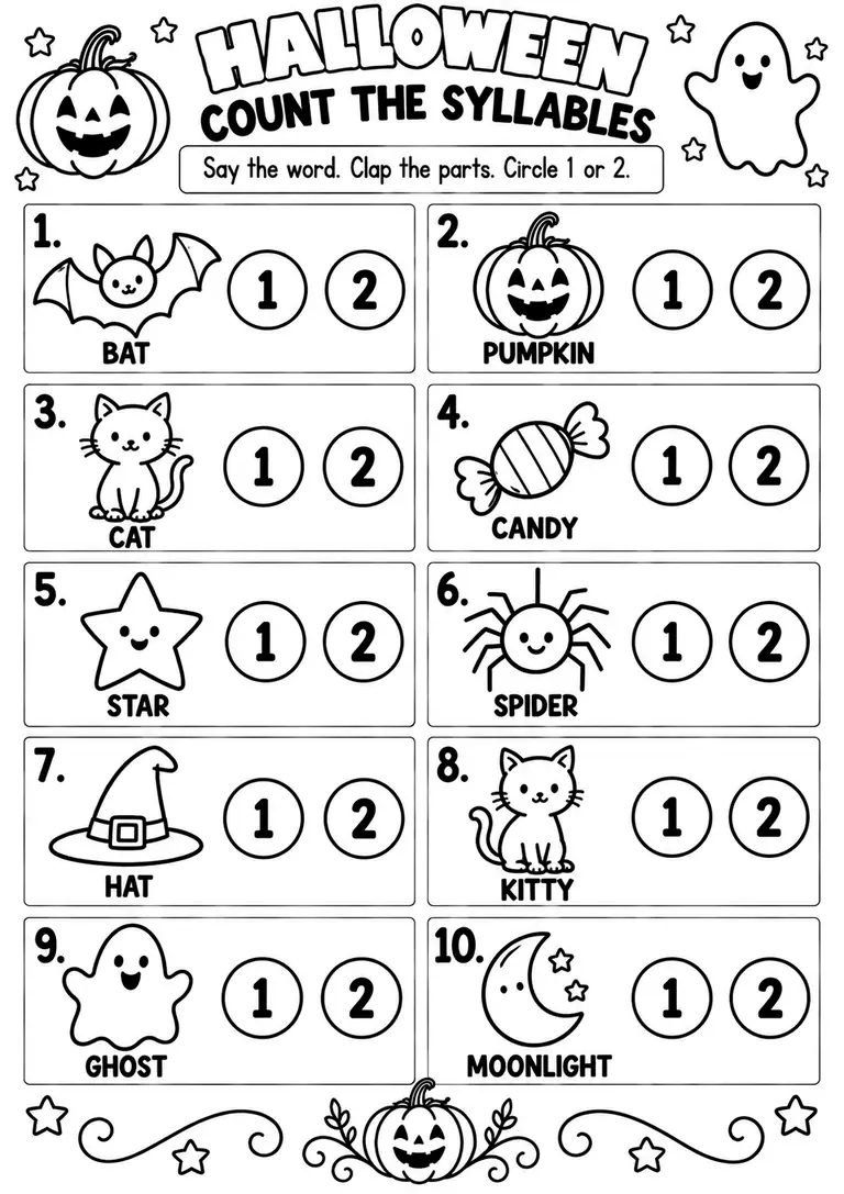 HALLOWEEN COUNT THE SYLLABLES for Pre-K, Kindergarten, 1st Grade