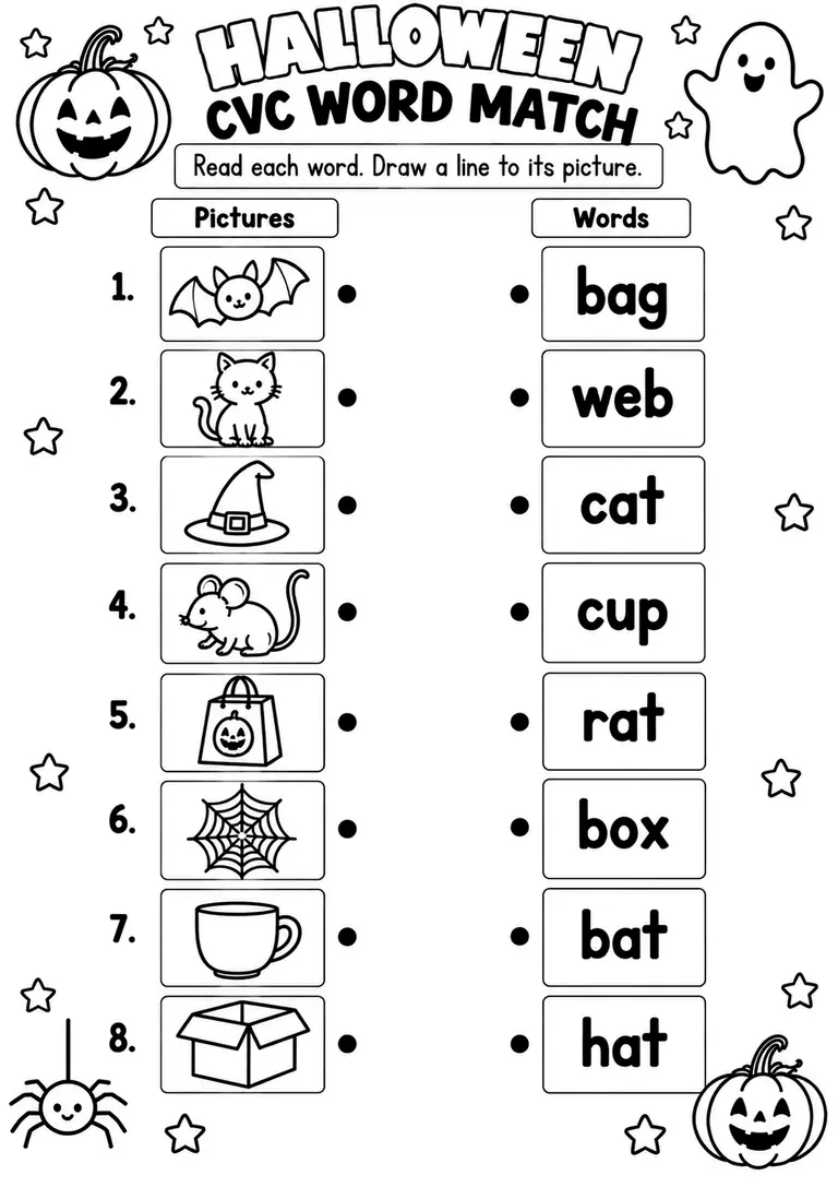 HALLOWEEN CVC WORD MATCH for Pre-K, Kindergarten, 1st Grade