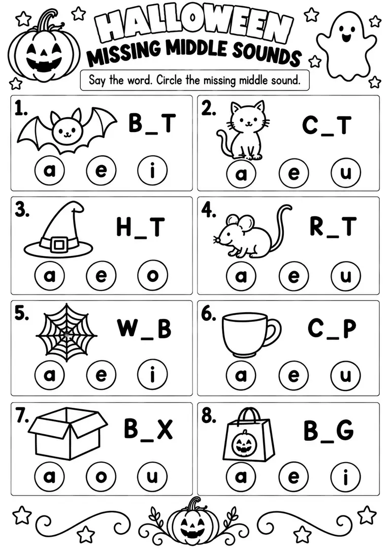 HALLOWEEN MISSING MIDDLE SOUNDS for Pre-K, Kindergarten, 1st Grade