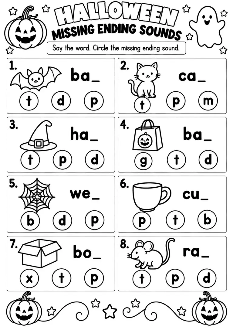 HALLOWEEN MISSING ENDING SOUNDS for Pre-K, Kindergarten, 1st Grade