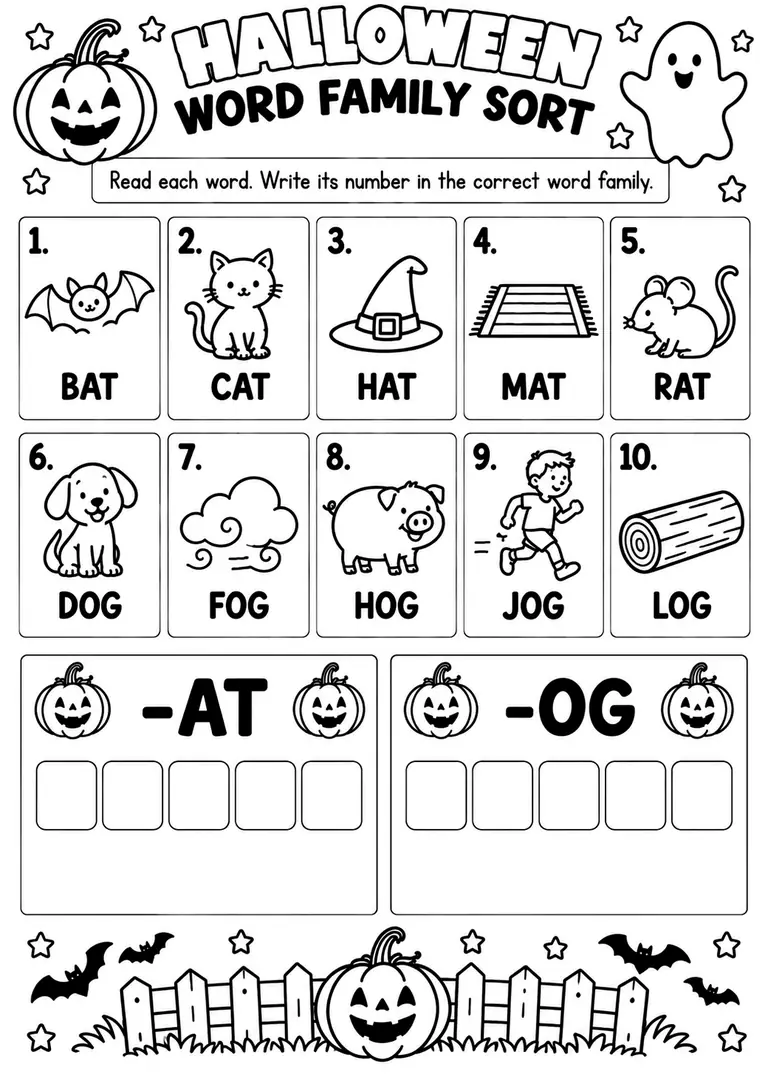 HALLOWEEN WORD FAMILY SORT for Pre-K, Kindergarten, 1st Grade