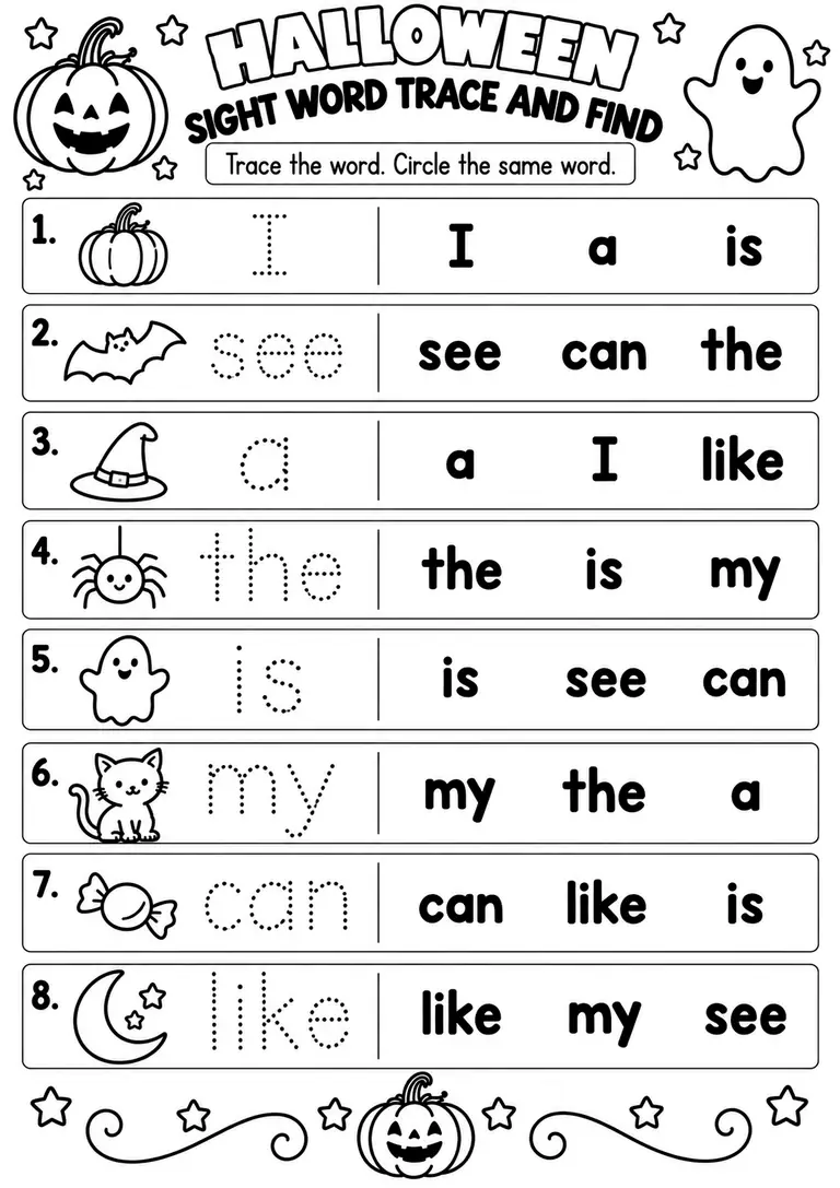 HALLOWEEN SIGHT WORD TRACE AND FIND for Pre-K, Kindergarten, 1st Grade