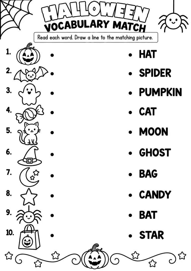 HALLOWEEN VOCABULARY MATCH for Pre-K, Kindergarten, 1st Grade