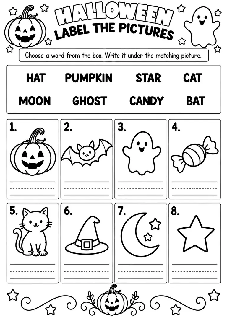 HALLOWEEN LABEL THE PICTURES for Pre-K, Kindergarten, 1st Grade