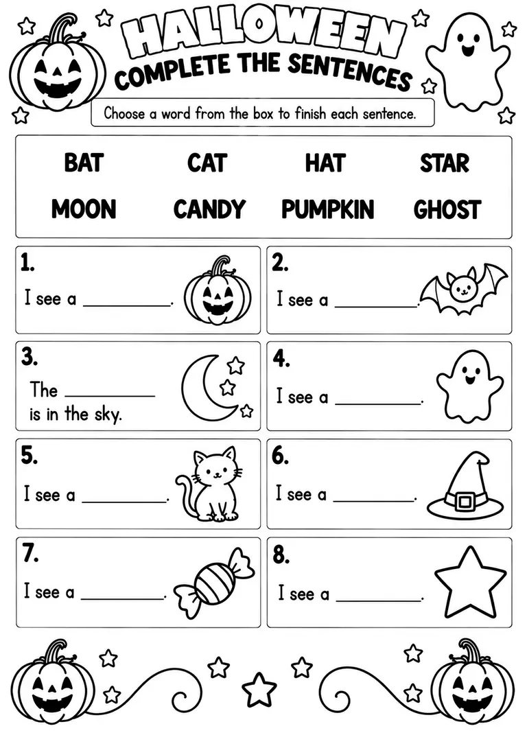 HALLOWEEN COMPLETE THE SENTENCES for Pre-K, Kindergarten, 1st Grade