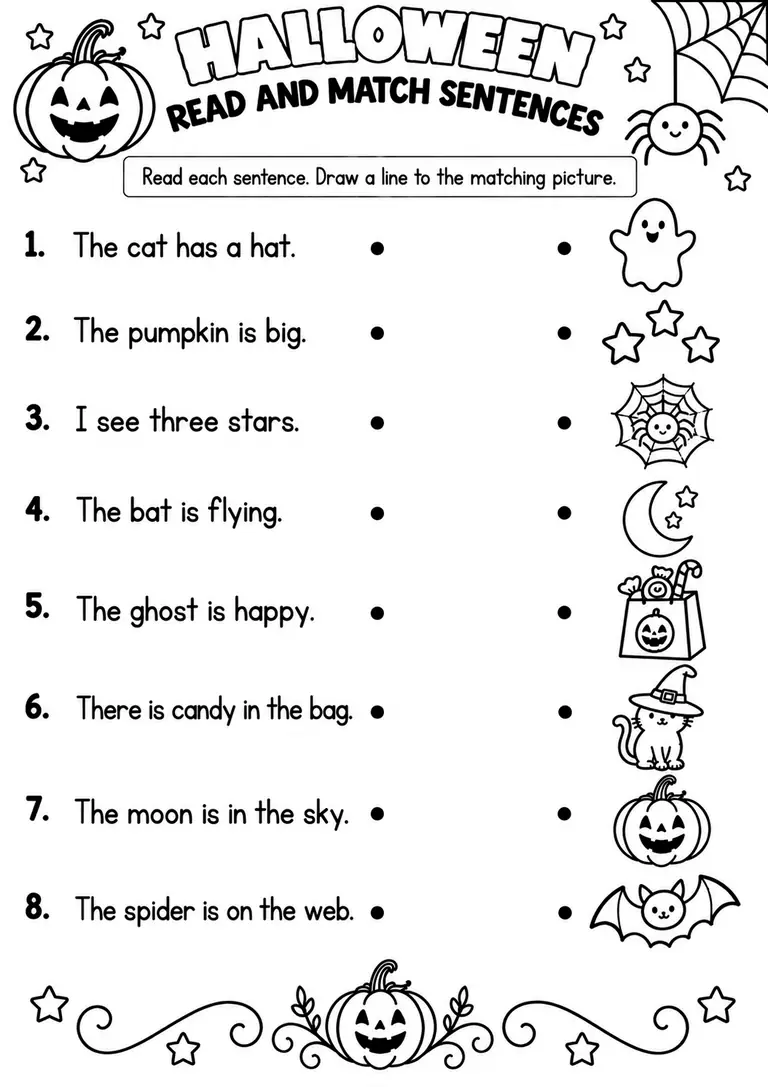 HALLOWEEN READ AND MATCH SENTENCES for Pre-K, Kindergarten, 1st Grade