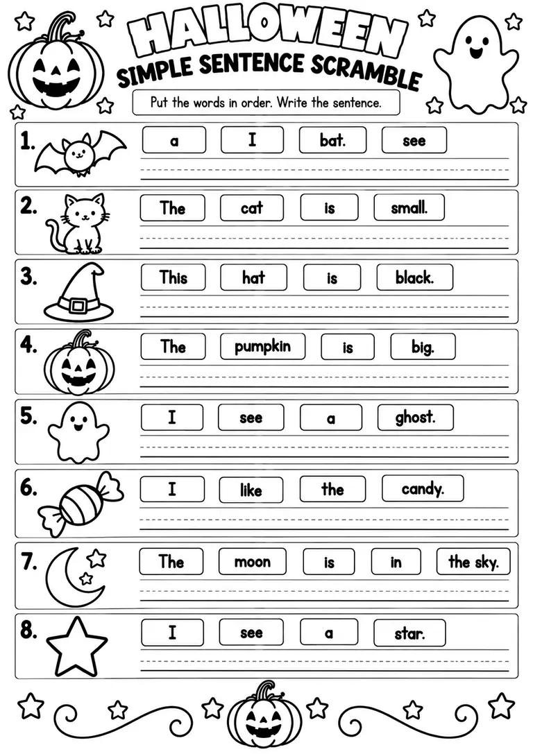 HALLOWEEN SIMPLE SENTENCE SCRAMBLE for Pre-K, Kindergarten, 1st Grade