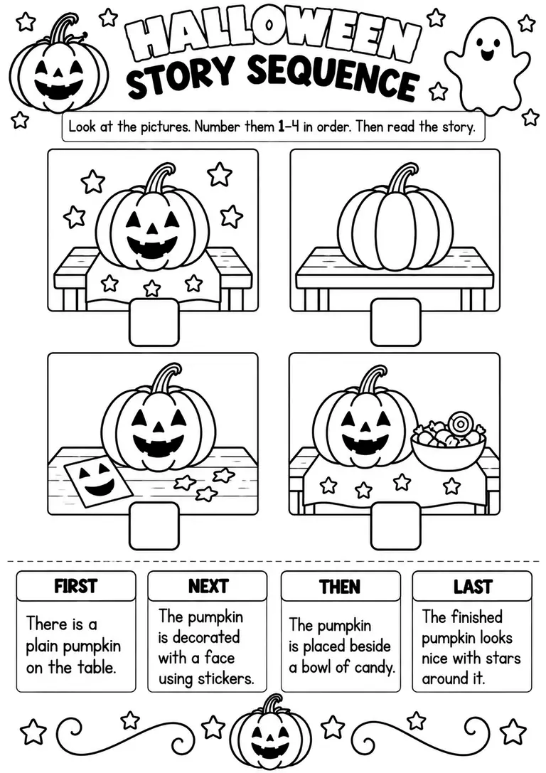 HALLOWEEN STORY SEQUENCE for Pre-K, Kindergarten, 1st Grade