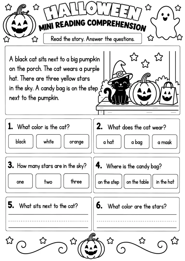HALLOWEEN MINI READING COMPREHENSION for Pre-K, Kindergarten, 1st Grade