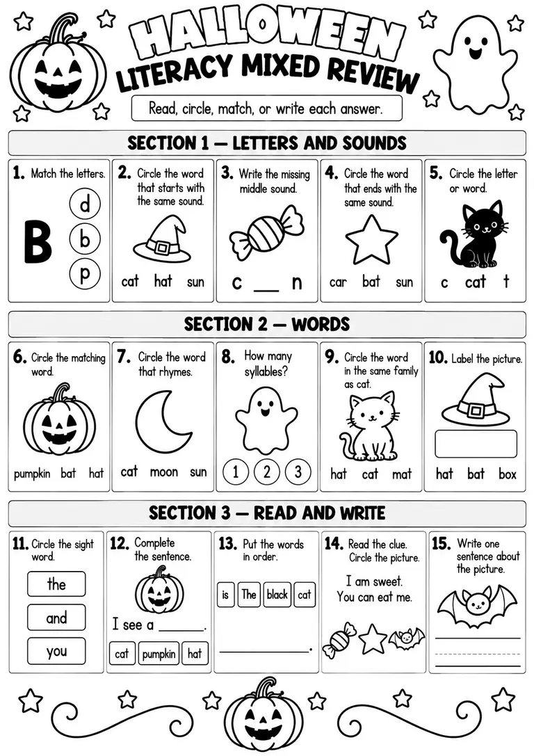 HALLOWEEN LITERACY MIXED REVIEW for Pre-K, Kindergarten, 1st Grade