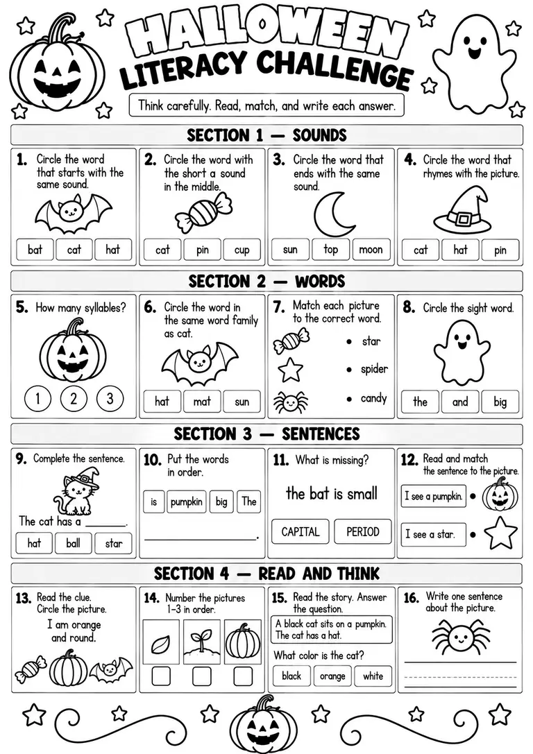 HALLOWEEN LITERACY CHALLENGE for Pre-K, Kindergarten, 1st Grade