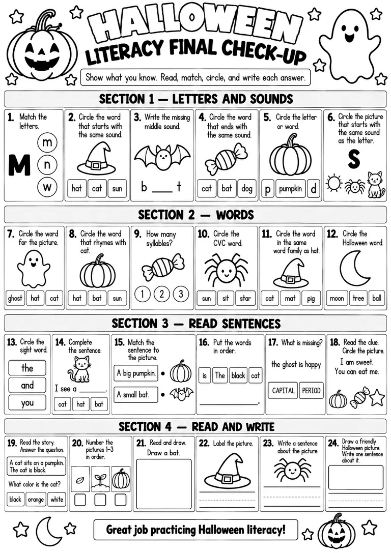 HALLOWEEN LITERACY FINAL CHECK-UP for Pre-K, Kindergarten, 1st Grade