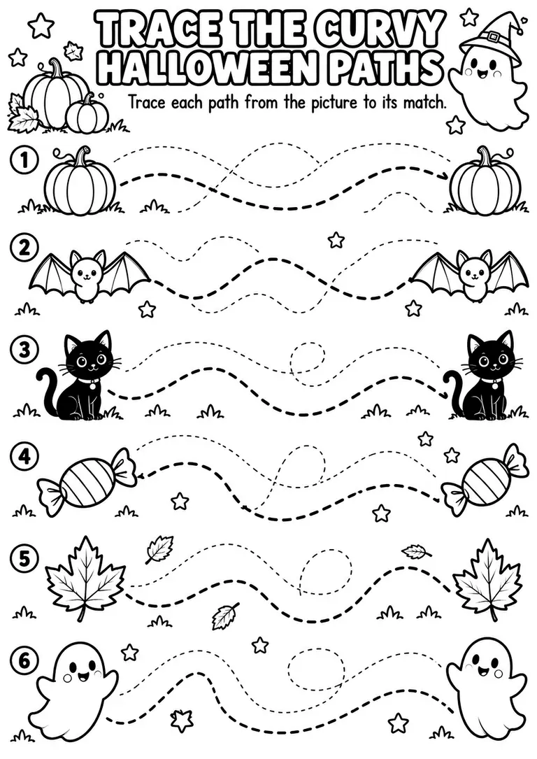 Trace the Curvy Halloween Paths for Pre-K, Kindergarten, 1st Grade