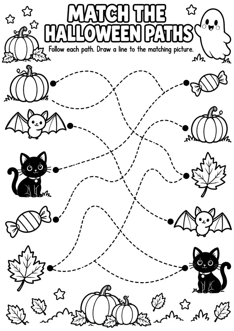Match the Halloween Paths for Pre-K, Kindergarten, 1st Grade