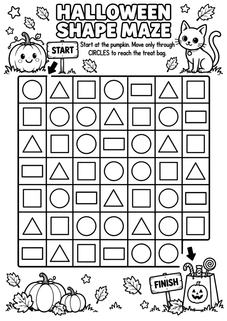 Halloween Shape Maze WORKSHEET for Pre-K, Kindergarten, 1st Grade
