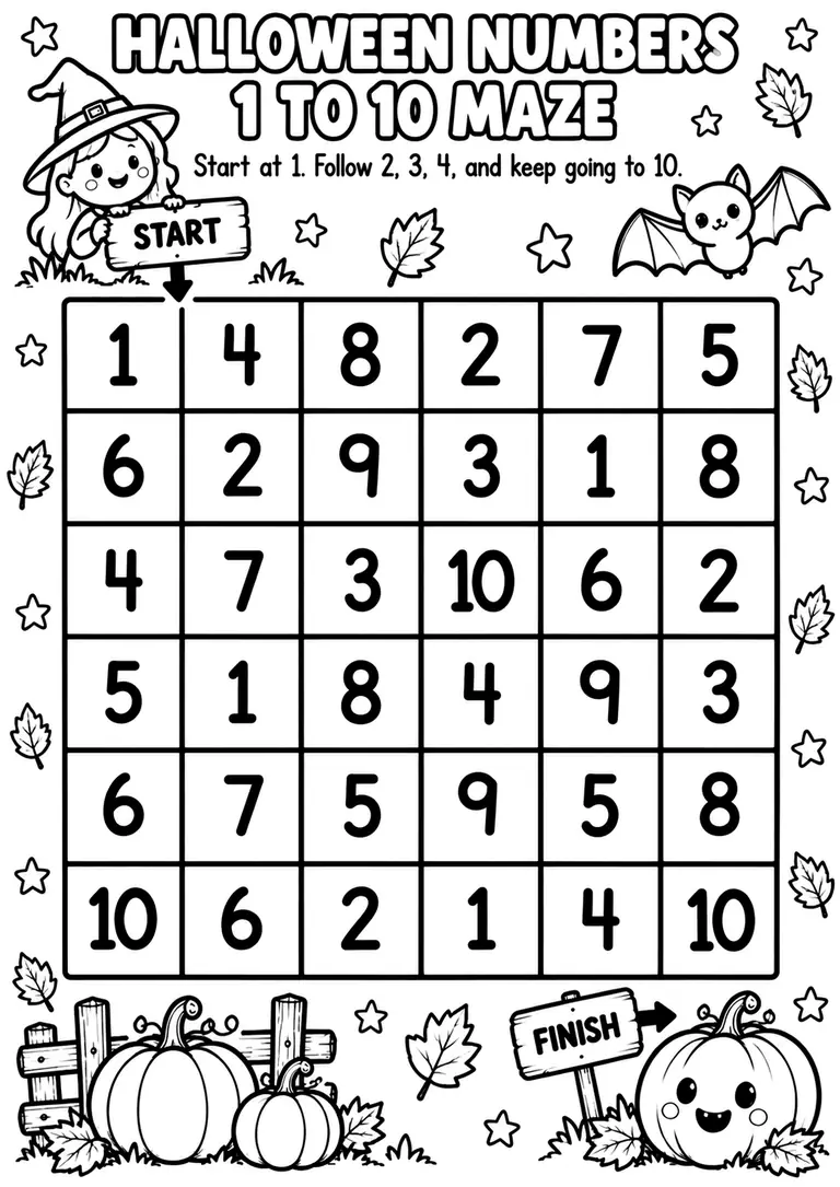 Halloween Numbers 1 to 10 Maze for Pre-K, Kindergarten, 1st Grade