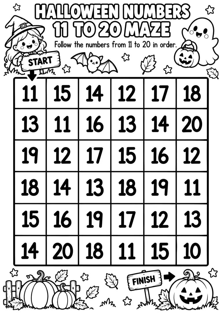 Halloween Numbers 11 to 20 Maze for Pre-K, Kindergarten, 1st Grade