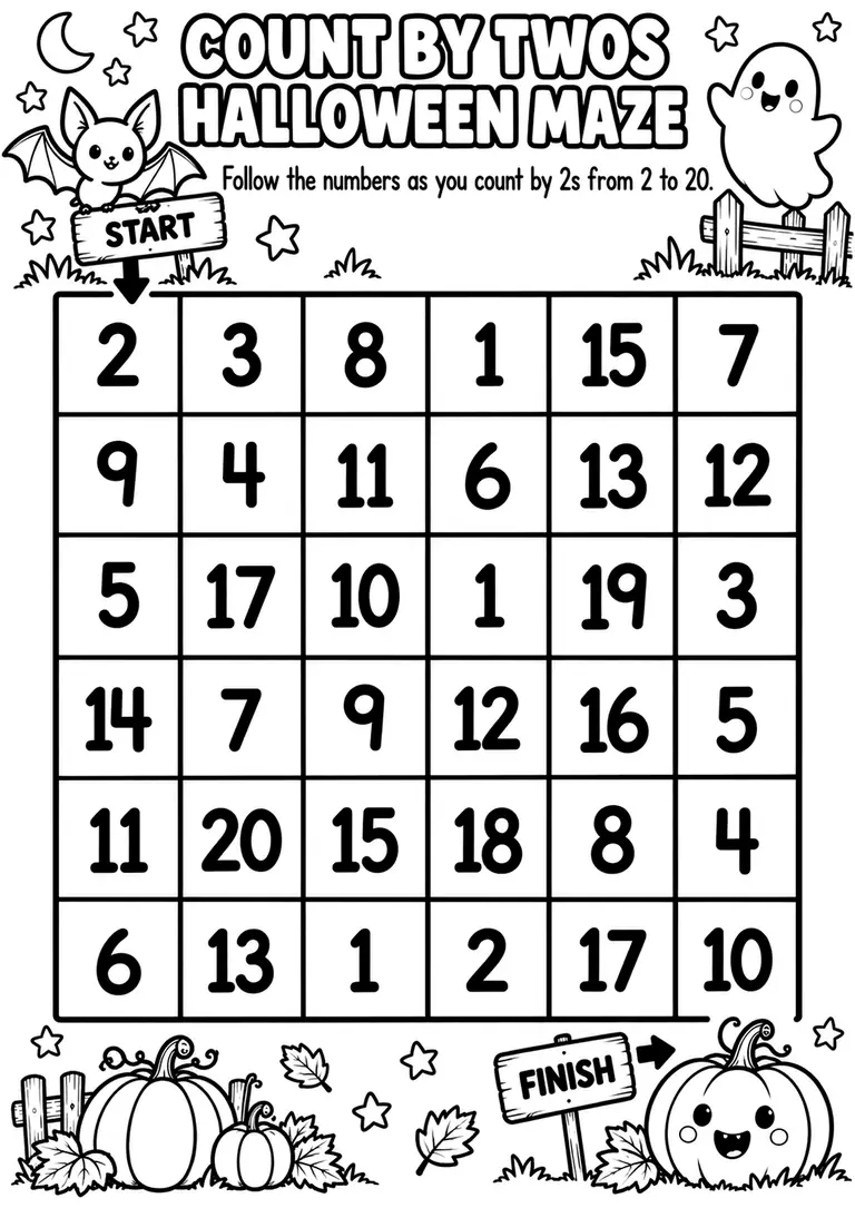 Count by Twos Halloween Maze for Pre-K, Kindergarten, 1st Grade