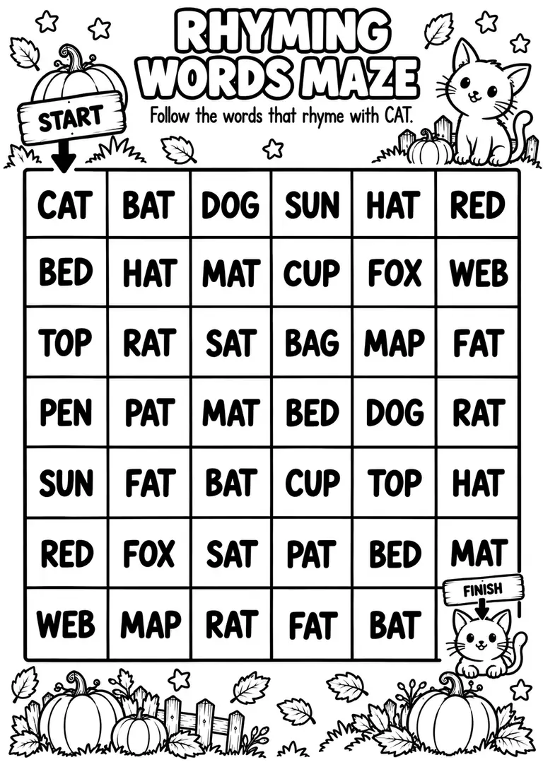 Rhyming Words Maze for Pre-K, Kindergarten, 1st Grade