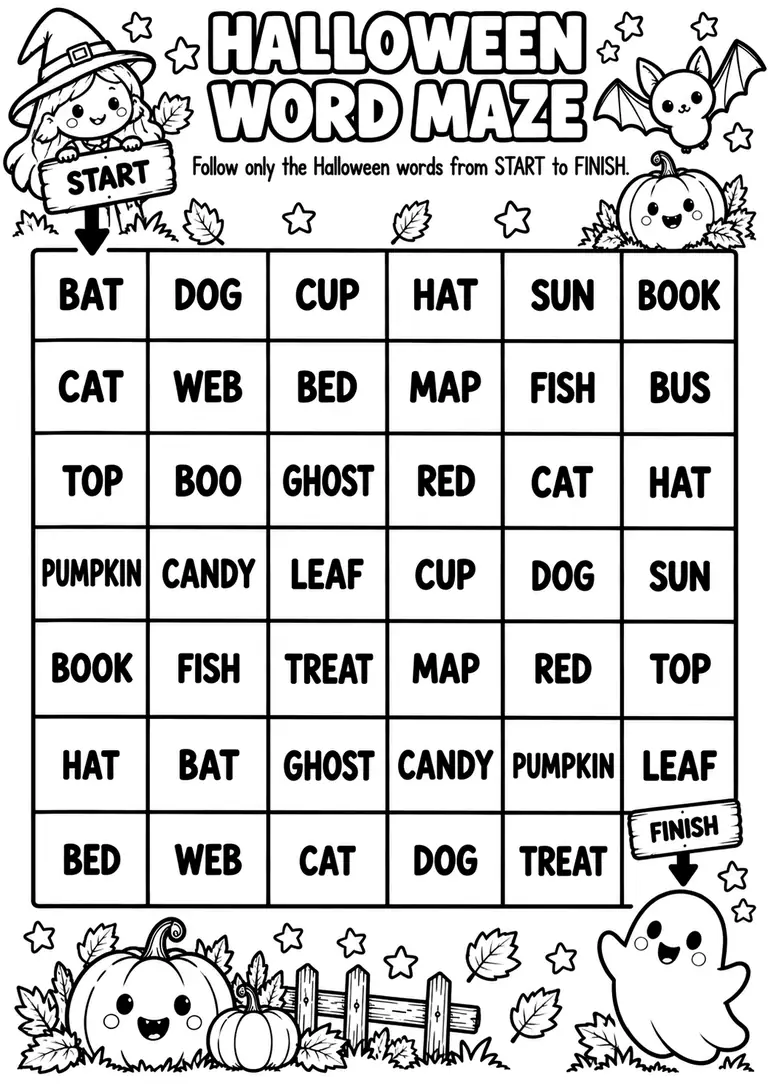 Halloween Word Maze for Pre-K, Kindergarten, 1st Grade