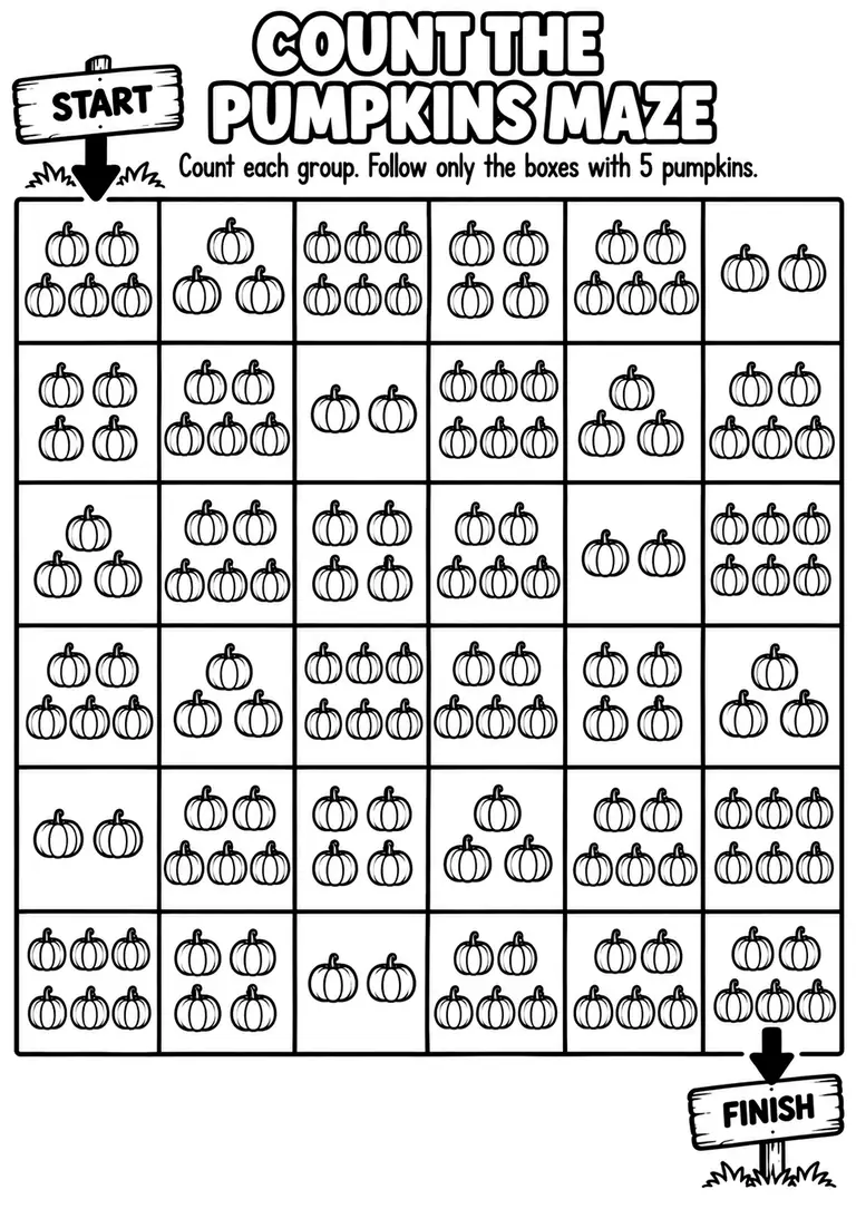 Count the Pumpkins Maze for Pre-K, Kindergarten, 1st Grade