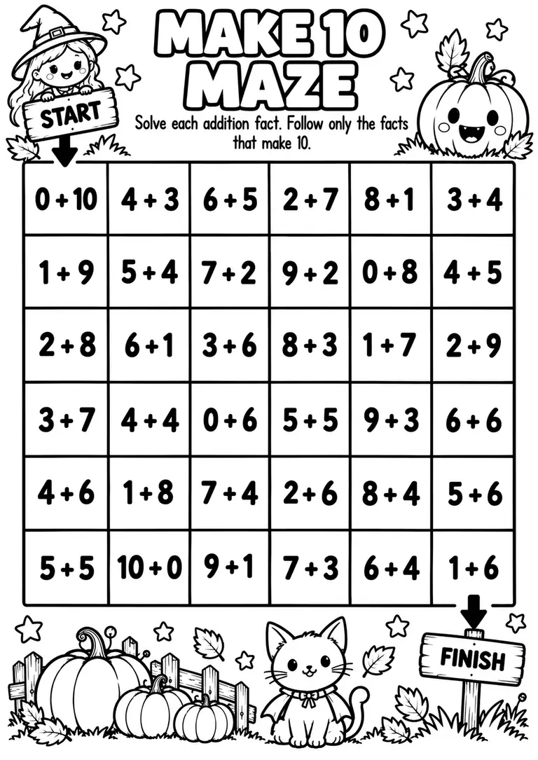 Make 10 Maze for Pre-K, Kindergarten, 1st Grade