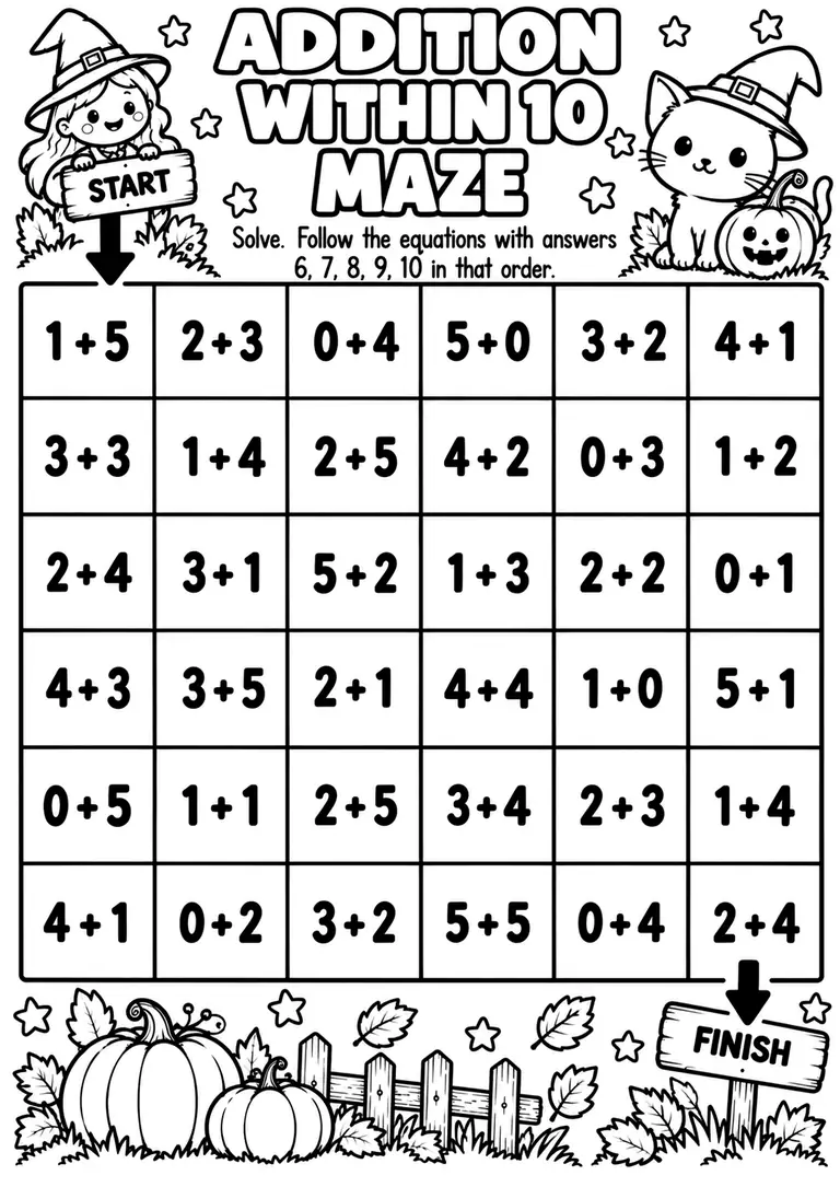 Addition Within 10 Maze for Pre-K, Kindergarten, 1st Grade