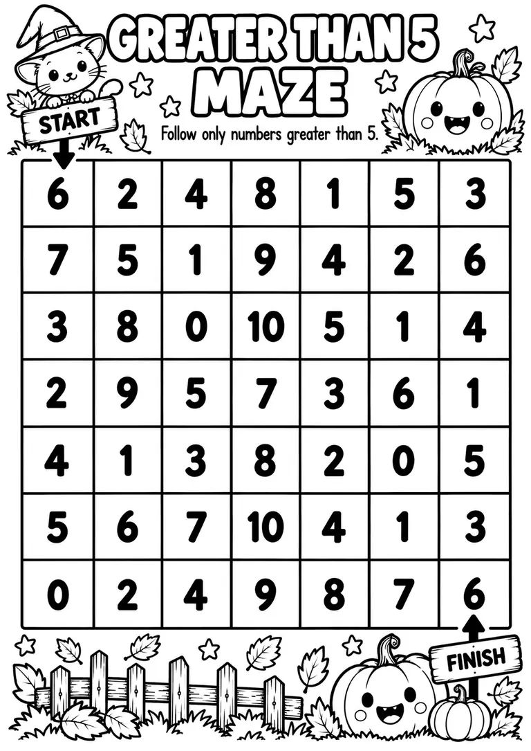 Greater Than 5 Maze for Pre-K, Kindergarten, 1st Grade