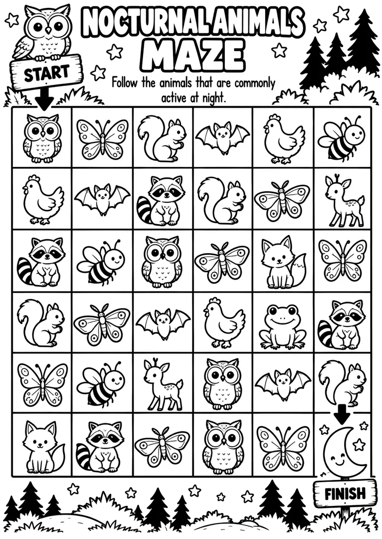 Nocturnal Animals Maze for Pre-K, Kindergarten, 1st Grade