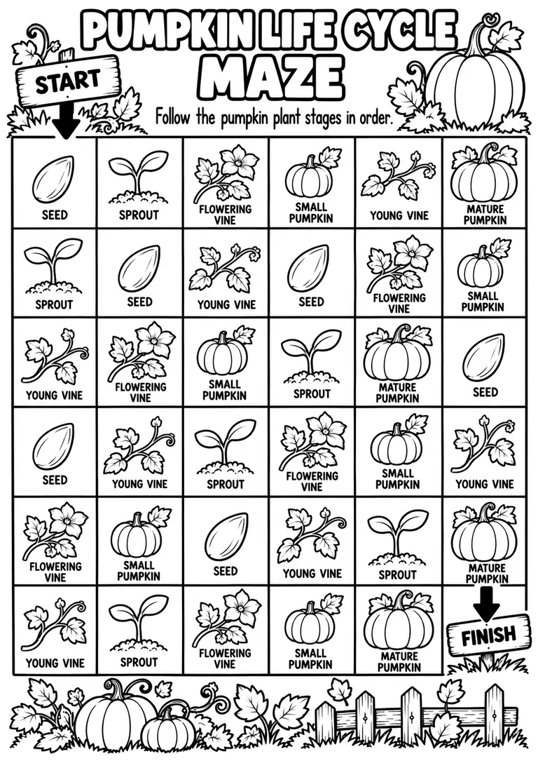 Pumpkin Life Cycle Maze for Pre-K, Kindergarten, 1st Grade