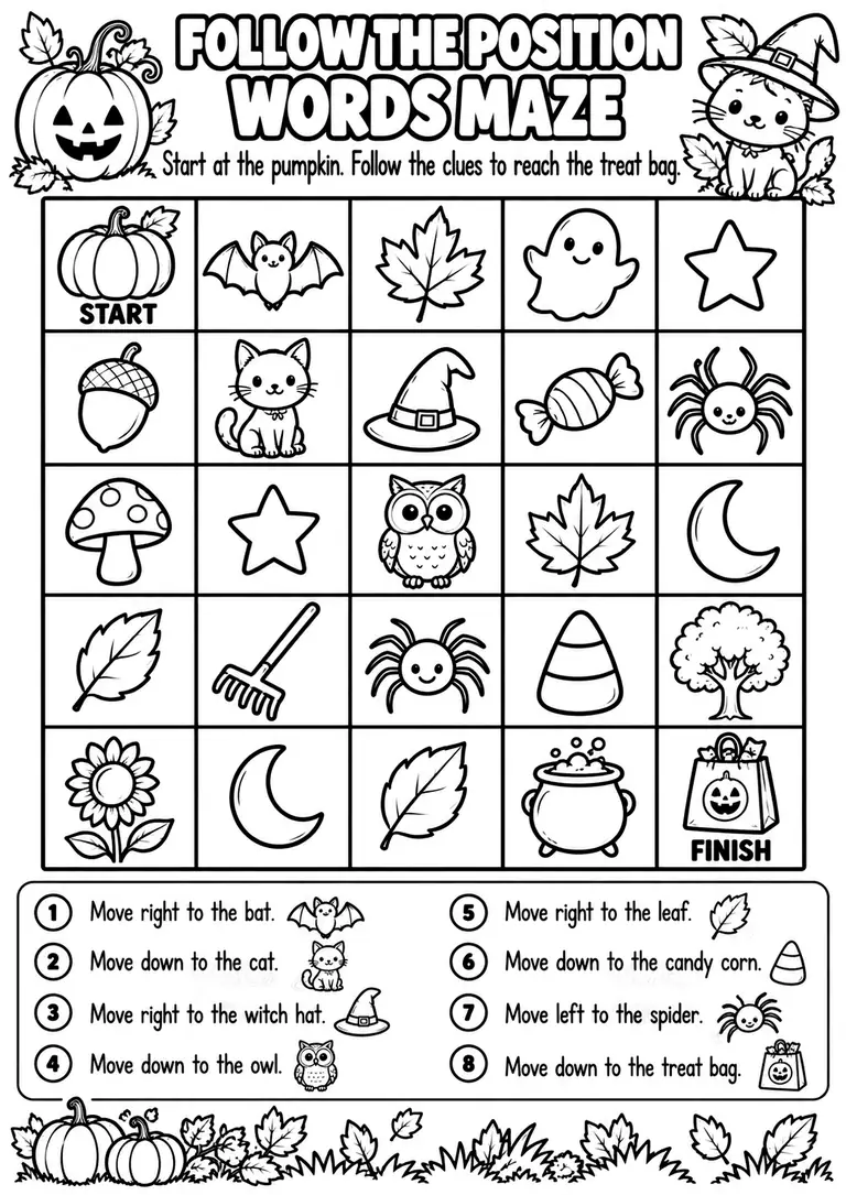 Follow the Position Words Maze for Pre-K, Kindergarten, 1st Grade