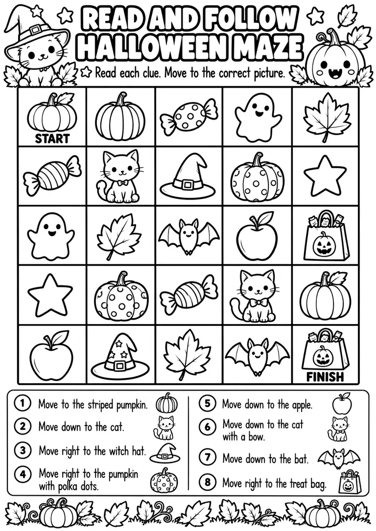 Read and Follow Halloween Maze for Pre-K, Kindergarten, 1st Grade