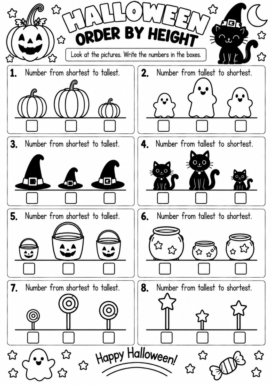 Halloween Order by Height for Pre-K, Kindergarten, 1st Grade