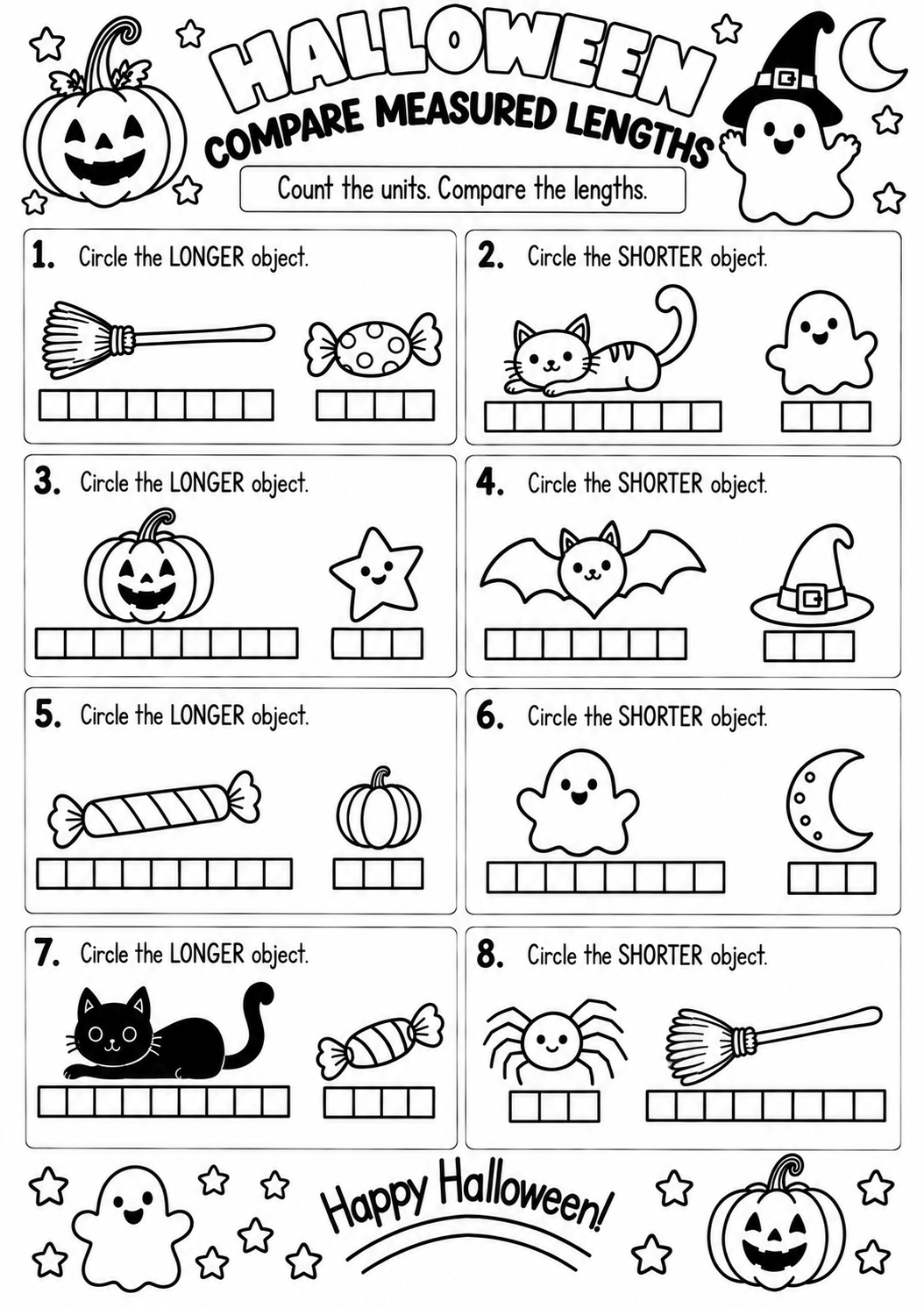 Halloween Compare Measured Lengths for Pre-K, Kindergarten, 1st Grade